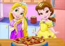 Baby Rapunzel and Belle Cooking Pizza